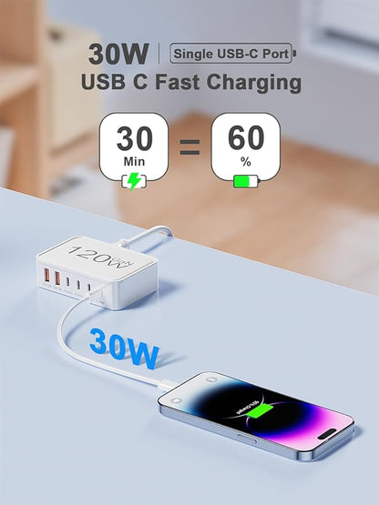 120W USB C Charger Block, 6 Port USB Charging Station for Multiple Devices, 5FT Desktop Multi Charging Hub Compatible with iPhone Samsung ipad, for Travel Home Office