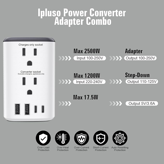 Voltage Converter Us to Europe, 220v to 110v Power Converter Combo, European Plug Converter 2300w Travel Adapter Worldwide, Step Down European, Travel Adapter Worldwide.