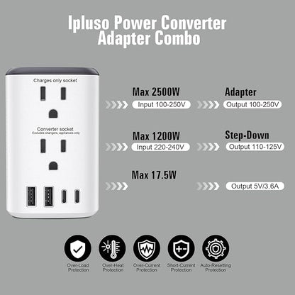 Voltage Converter Us to Europe, 220v to 110v Power Converter Combo, European Plug Converter 2300w Travel Adapter Worldwide, Step Down European, Travel Adapter Worldwide.