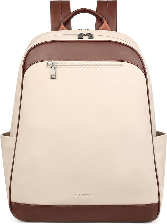 MASINTOR 15.6 inch Leather Laptop Backpack Purse for Women, Designer Travel and Work Bag with Laptop Compartment Beige Brown