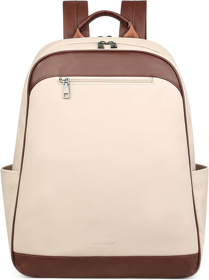 MASINTOR 15.6 inch Leather Laptop Backpack Purse for Women, Designer Travel and Work Bag with Laptop Compartment Beige Brown