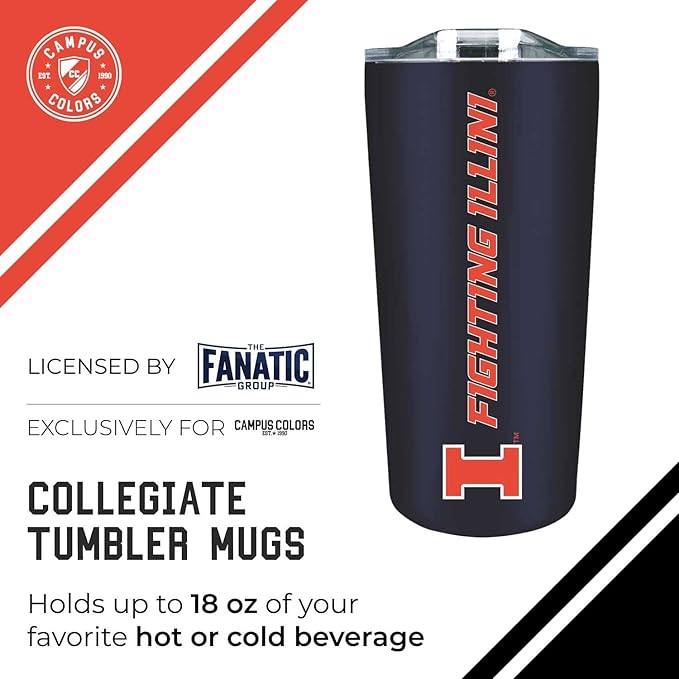 Campus Colors NCAA Stainless Steel Tumbler perfect for Gameday - 18 oz - Double Walled - Keeps Drinks Perfectly Insulated (Illinois Fighting Illini - Navy)