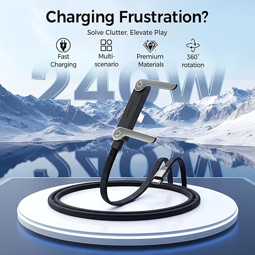 2 in 1 Invisible Holder Charger Cable 240W Fast Charging Cord with Built-In Phone Stand, 4.9FT 2 in 1 Braided Fast Charge Cable with Adjustable Phone Stand, T-Shaped Design Type-C for Phones (3)