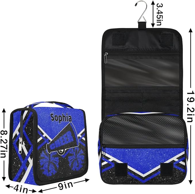 Personalized Travel Cheerleading Toiletry Hanging Bag Waterproof Bags, Custom Name Cosmetic Makeup bag Toiletries Organizer Container Bag, Royal Blue Black Glitters Effect