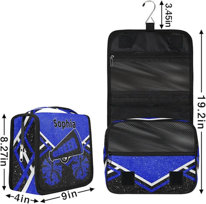 Personalized Travel Cheerleading Toiletry Hanging Bag Waterproof Bags, Custom Name Cosmetic Makeup bag Toiletries Organizer Container Bag, Royal Blue Black Glitters Effect