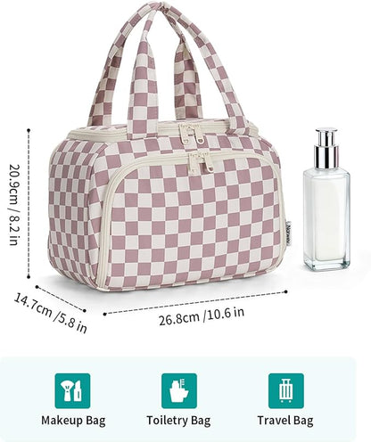 Narwey Large Travel Toiletry Bag, Wide-open Travel Bag for Toiletries, Toiletry Bags for Traveling Women, Cosmetic Make Up Makeup Bag Organizer with Wet Pocket, Skincare Bag (Dusty Pink Checkerboard)