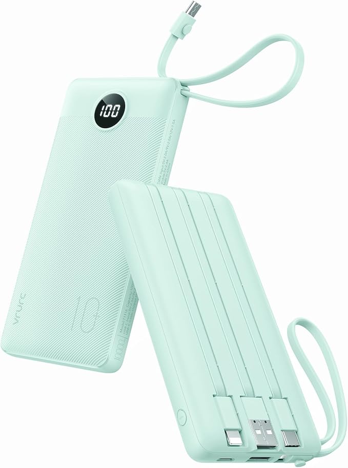 VRURC Portable Phone Charger, Portable Charger USB C 10000mAh, 5 Outputs 2 Inputs Travel Battery Power Bank Built-in Cables Cords for iPhone 17 Pro 17 16 15 14 13,Samsung,Android-Green(1 Pack)