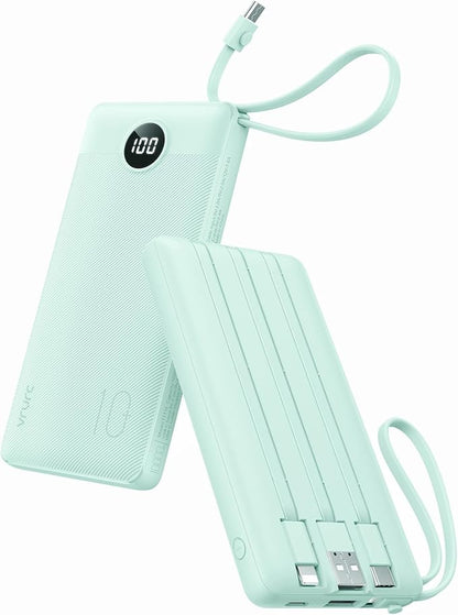 VRURC Portable Phone Charger, Portable Charger USB C 10000mAh, 5 Outputs 2 Inputs Travel Battery Power Bank Built-in Cables Cords for iPhone 17 Pro 17 16 15 14 13,Samsung,Android-Green(1 Pack)
