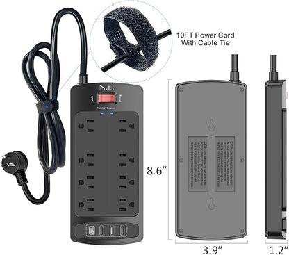 10 Feet Surge Protector Power Strip - Nuetsa Extension Cord(1625W/13A) with 8 Outlets and 4 USB Ports, Flat Plug, 2700 Joules, for Home, School, College Dorm Room, and Office, ETL Listed, Black