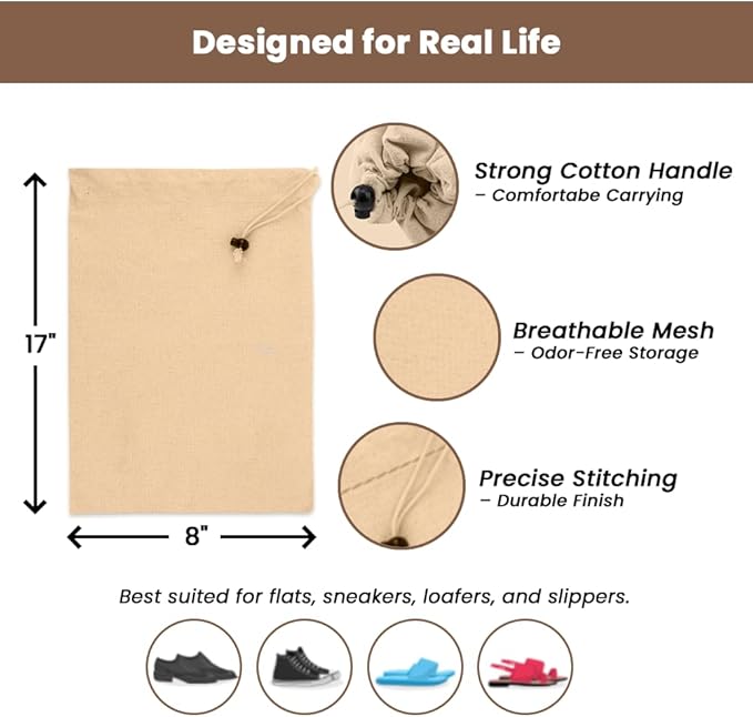 LFH Cotton Shoe Storage Bags with Drawstring, Dustproof Breathable Reusable Organizer, Perfect For Travel, Dorm, Hotel, College, Gym, Easy to Carry, Machine Washable 8"x17" (Pack of 6) - Natural