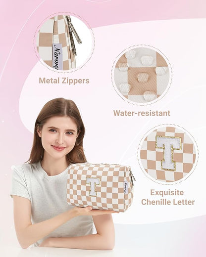 Narwey Birthday Gifts for Women Teen Girls Kids Personalized Initial Checkered Makeup Bag Cute Cosmetic Bag Trendy Stuff 6 8 10 11 12 13 14 16 18 Years Old Travel Toiletry Bag (Brown Letter T)