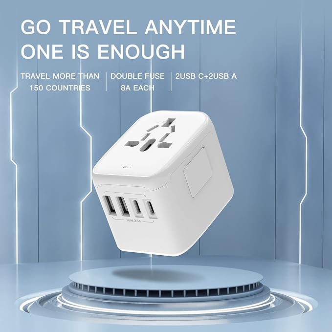 Universal International Power Travel Plug Adapter, 5 in 1 European Travel Plug Adapter W/ 3.5A 2xUSB-A and 2xUSB C Wall Charger and Worldwide AC Outlet for Europe USA UK AUS Asia