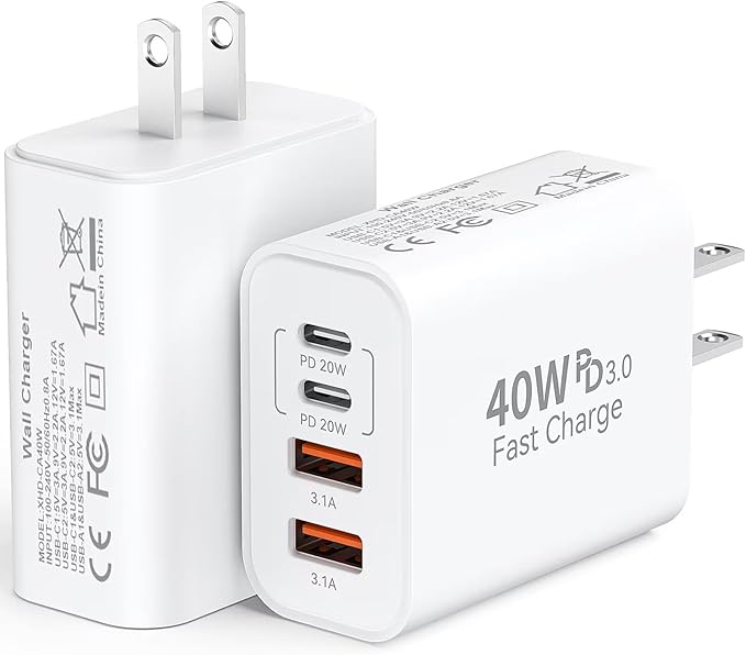 40W USB C Charger Block for iPhone 17/17 Pro/17 Pro Max/Air/16/16 Pro/16 Pro Max/16 Plus/15/15 Pro Max/14 13 12 11 Pro Max XS XR X, 4-Port PD+QC Multiport Power Adapter Type C Fast Charging Brick Cube