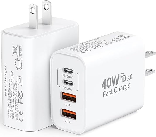 40W USB C Charger Block for iPhone 17/17 Pro/17 Pro Max/Air/16/16 Pro/16 Pro Max/16 Plus/15/15 Pro Max/14 13 12 11 Pro Max XS XR X, 4-Port PD+QC Multiport Power Adapter Type C Fast Charging Brick Cube