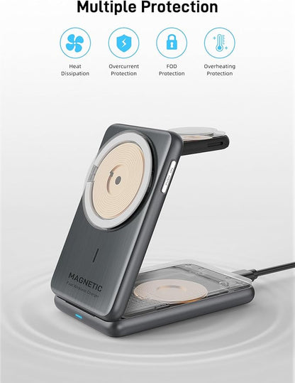 Wireless Charger for Apple, 3 in 1 MagSafe Charger Foldable Magnetic Charger for iPhone 17/16/15/14 Series, Airpods Pro 2, iWatch Series 10/9/8/7, Travel Charging Station for Apple Multiple Devices