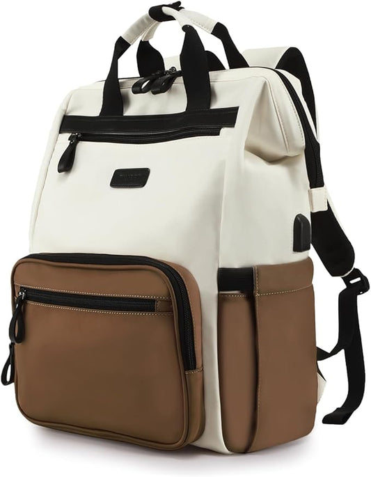 Timeet Laptop Backpack for Women Men, 15.6 Inch Travel Backpack with USB Charging Port, Water Resistant & Anti-theft for Work College Business, Multifunctional Carry on Backpack, White-brown