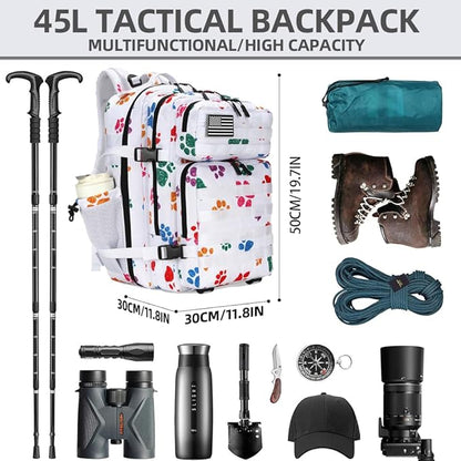 45L Tactical Assault Backpack 3 day assault pack with Molle Waterproof backpack Rucksack for Tactical Backpacks (Colorful paw prints)