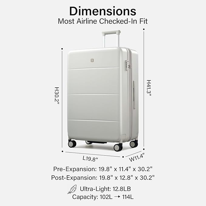 Hanke Expandable 28 Inch Luggage with Spinner Wheels, Hardside Large Suitcase, All-PC Hard Shell Checked Luggage, TSA Lock, Durable Checked-Large (Smoke White, 114L)