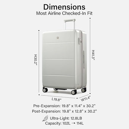 Hanke Expandable 28 Inch Luggage with Spinner Wheels, Hardside Large Suitcase, All-PC Hard Shell Checked Luggage, TSA Lock, Durable Checked-Large (Smoke White, 114L)