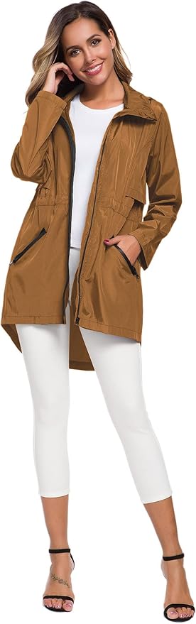 Avoogue Women's Long Raincoat with Hood Outdoor Lightweight Windbreaker Rain Jacket Waterproof