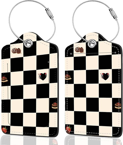 2Pack Luggage Tags for Suitcases, Cute Unique Pu Leather Cruise Luggage Tag with Privacy Cover ID Label Address Card and Metal Ring Suitable for Women Men Kids Travel Bag Beige Black Plaid