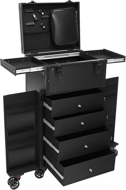 Professional Rolling Makeup Case 4 Drawers Pro Makeup Artist Cosmetic Train Case Hairstylist Travel Case Portable Make Up Station with Multiple Compartments & 6 Swivel Wheels - Black