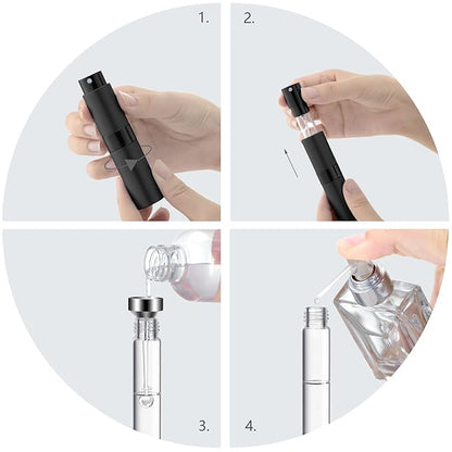 Lil Ray 8ml Portable Mini Perfume Atomizer(4 PCS)，Refillable Empty Small Spray Bottle for Travel, Twist Type Pocket Cologne Sprayer (Matte Black&Silver)