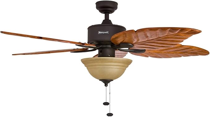 Honeywell Ceiling Fans Sabal Palm, 52 Inch Tropical LED Ceiling Fan with Light, Pull Chain, Dual Mounting Options, Hand Carved Solid Wood Blades - 50204-01 (Bronze)