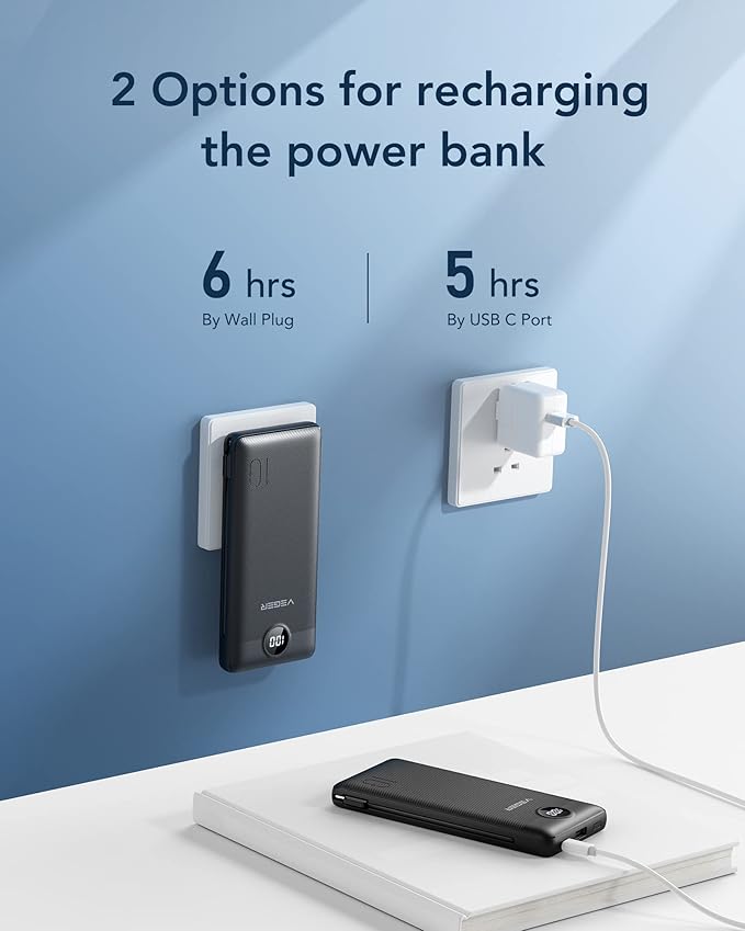 VEGER Portable Charger for iPhone Built in Cables and Wall Plug, 10000mah Slim Fast Charging USB C Power Bank, Travel Essential Battery Pack Compatible with iPhones, iPad, Samsung More Devices(Black)