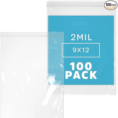 GPI - 9" x 12" Zip Bags, 100 Count, 2 Mil, Clear Plastic Reclosable Zipper Poly Baggies, with Resealable Zip Top Lock. for A4 Letter Size Paper, Apparel, Clothing, Food, Home & Office Supplies.