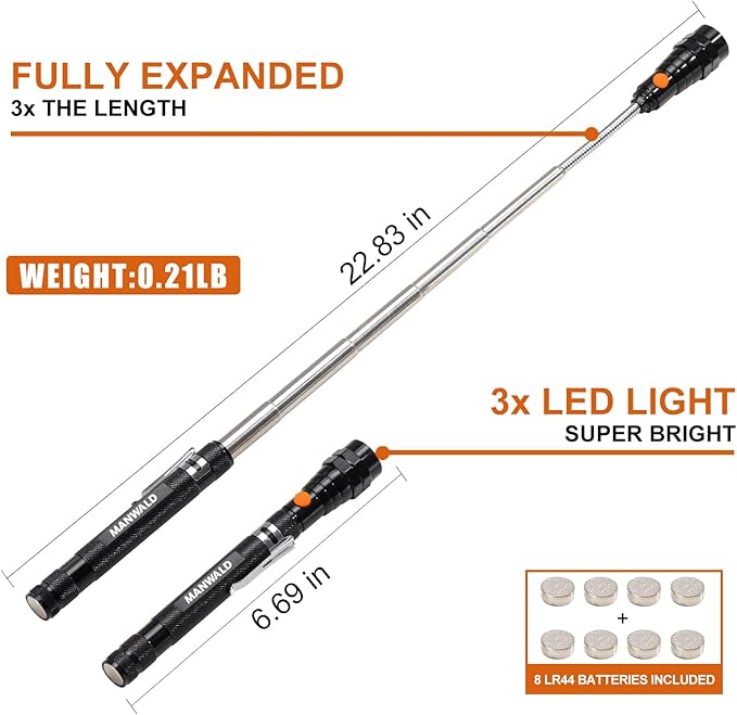 LED Magnetic Pickup Tools, Christmas Stocking Stuffers for Men Adults, Telescoping Magnetic Flashlights with Extendable Magnet Stick, Birthday Gifts for Men, Him, Dad, Boyfriends, Black