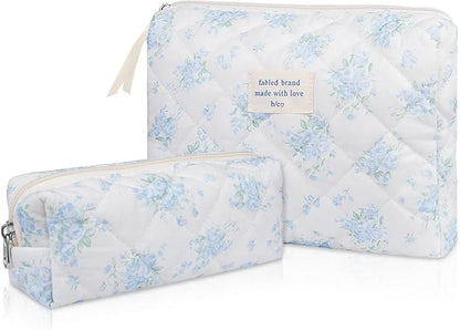 2PC Makeup Bag Set, Cute Cosmetic Bag for Women Girls, Floral Coquette Aesthetic Toiletry Bag, Travel Make Up Organizer Bag (Blue Rose)