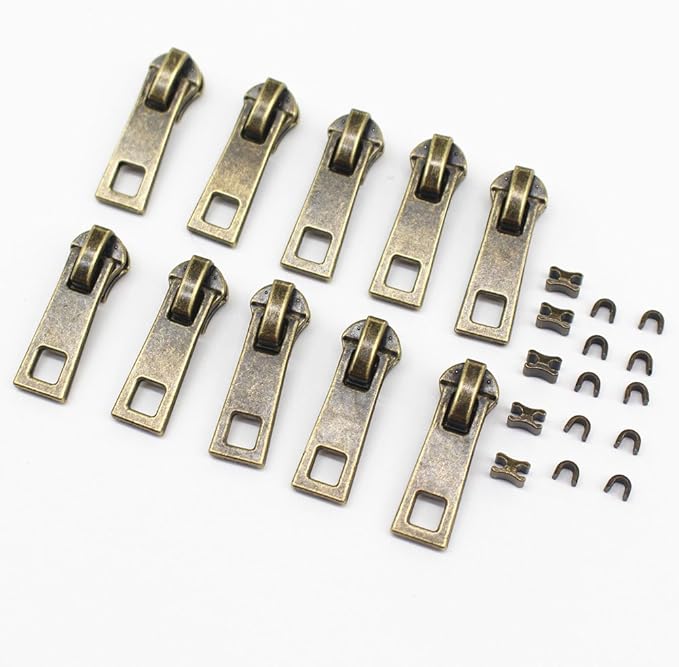 MebuZip #3 Upholstery Zipper by The Yard Black Long Tape Metal Zippers 2 Yards with 10pcs Antique Brass Zipper Pull for Sewing Tailor Crafts (Anti-Brass 2 Yards)