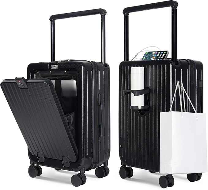 SOKOK Front Pocket Luggage Carry On with Spinner Wheels, Wide Handle Travel Suitcase PC Hardshell Durable Rolling Luggage for Business Trip with Charging Port and Cup Holder, Black