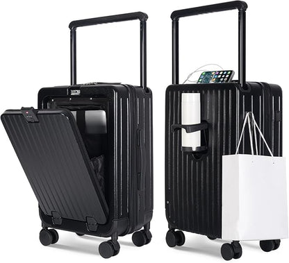SOKOK Front Pocket Luggage Carry On with Spinner Wheels, Wide Handle Travel Suitcase PC Hardshell Durable Rolling Luggage for Business Trip with Charging Port and Cup Holder, Black