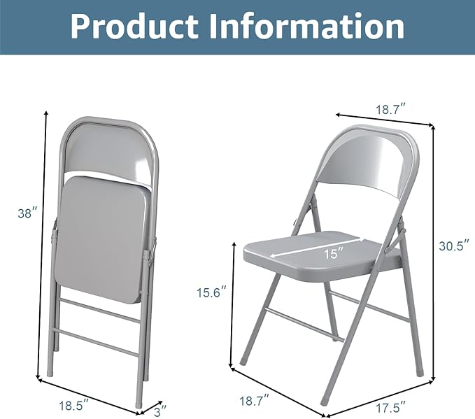 V&LX 4-Pack Double Hinged Chair 30" Metal Folding Steel Chairs Foldable Chair 4 Pack for Wedding Office Meeting Party Patio Outdoor Events, Set of 4,Grey