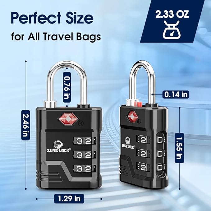 SURE LOCK TSA Locks for Luggage, TSA Approved Luggage Locks with Open Alert, 008 Key for High Security, Easy Read Dials, Zinc Alloy Body, Locker Lock for Suitcase, Gym, Travel. (Black 4 pk)