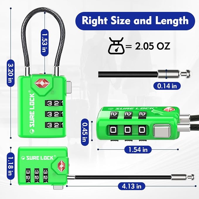 SURE LOCK TSA Compatible Travel Luggage Locks, Inspection Indicator, Easy Read Dials TSA Approved with Zinc Alloy