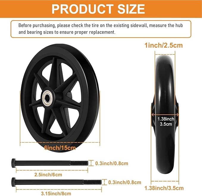 4 Pack 6 Inch Solid Replacement Wheels - Environmentally Friendly Rubber Material, Wear-Resistant PU Tires, Anti-Slip, and Durable ABS Wheel Hub - Easy to Install, (4Pcs 6Inch Wheels)