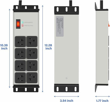 CCCEI Grey Heavy Duty Power Strip Surge Protector 20 AMP, 8 Outlets 12 Gauge Industrial Shop Garage Metal Multiple Outlets, 4 FT Extension Cord 5-15P Adapter High Amp 6-20R T-Slot 20a for Appliance