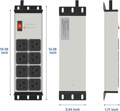 CCCEI Grey Heavy Duty Power Strip Surge Protector 20 AMP, 8 Outlets 12 Gauge Industrial Shop Garage Metal Multiple Outlets, 12 FT Extension Cord 5-15P Adapter High Amp 6-20R T-Slot 20a for Appliance