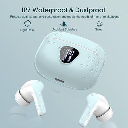 Wireless Earbuds, Bluetooth 5.4 Headphones HiFi Stereo, Bluetooth Earbuds with ENC Noise Cancelling Mic, IP7 Waterproof in Ear Earphones, 48H, LED Display Ear buds for Pad Phones Workout Sports, Azure