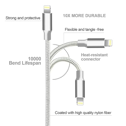 cugunu iPhone Charger, 5 Pack 3/3/6/6/10FT Apple MFi Certified USB Lightning Cable Nylon Braided Fast Charging Cord Compatible for iPhone 14/13/12/11/X/Max/8/7/6/5/SE/Plus/iPad - Silver