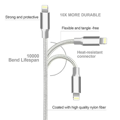 cugunu iPhone Charger, 5 Pack 3/3/6/6/10FT Apple MFi Certified USB Lightning Cable Nylon Braided Fast Charging Cord Compatible for iPhone 14/13/12/11/X/Max/8/7/6/5/SE/Plus/iPad - Silver