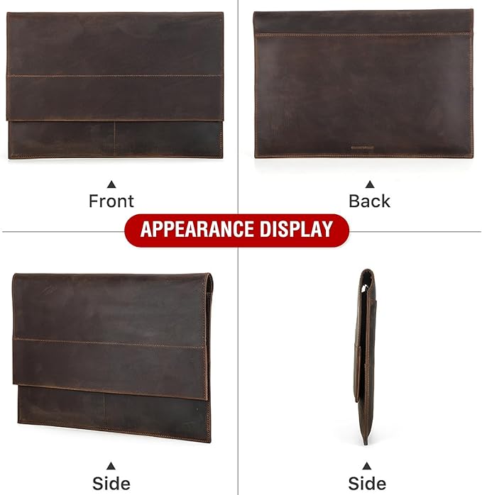 Top Grain Leather 14.2" Slim Laptop Sleeve Bag, Magnet Clasp Closure Design & 3 Pockets & AirTag Holder, Fully Handmade, Fits MacBook Pro/Air 14.2"/13.3"/Cellphone/Passport, Coffee 14.2 Inch