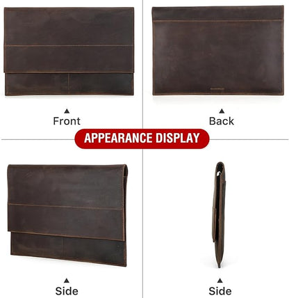 Top Grain Leather 14.2" Slim Laptop Sleeve Bag, Magnet Clasp Closure Design & 3 Pockets & AirTag Holder, Fully Handmade, Fits MacBook Pro/Air 14.2"/13.3"/Cellphone/Passport, Coffee 14.2 Inch
