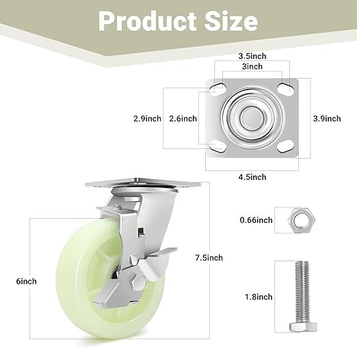W B D WEIBIDA Heavy Duty Caster Wheels 6 Inch - 4500 LBS, PP Plate Castor Set of 4 with Double Ball Bearings, Non-Marking Quiet Industrial Swivel Casters for Hand Trucks, Carts, Industrial Equipment