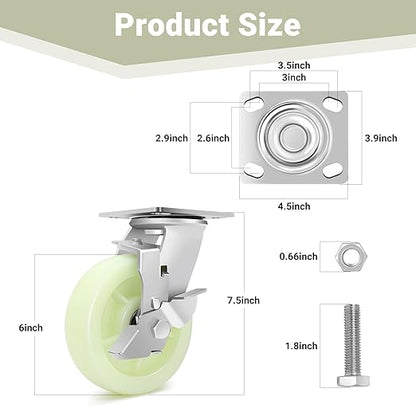 W B D WEIBIDA Heavy Duty Caster Wheels 6 Inch - 4500 LBS, PP Plate Castor Set of 4 with Double Ball Bearings, Non-Marking Quiet Industrial Swivel Casters for Hand Trucks, Carts, Industrial Equipment