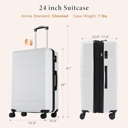 Sweetcrispy Carry on Luggage, Hard Shell ABS Suitcase with Double Spinner Wheels, Lightweight Expandable Rolling Suit Case with TSA Lock, 24 Inch Cream White
