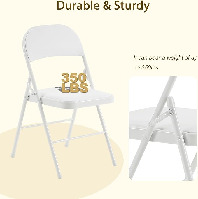 4 Pack White Folding Chairs with Padded Cushion and Back, Portable Heavy Duty Metal Frame Commercial Seat, Foldable Indoor Outdoor Chairs with 330-LBS Capacity for Office Party Events Kitchen Wedding